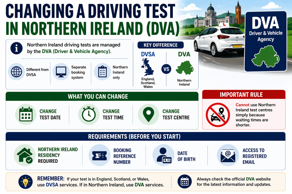 Infographic explaining how to change a driving test in Northern Ireland through the DVA on nidirect.