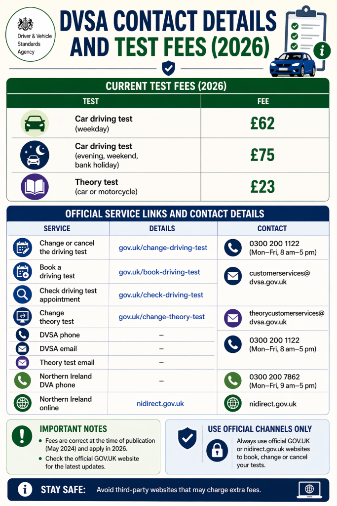 Infographic of DVSA driving and theory test fees and official contact details for 2026.