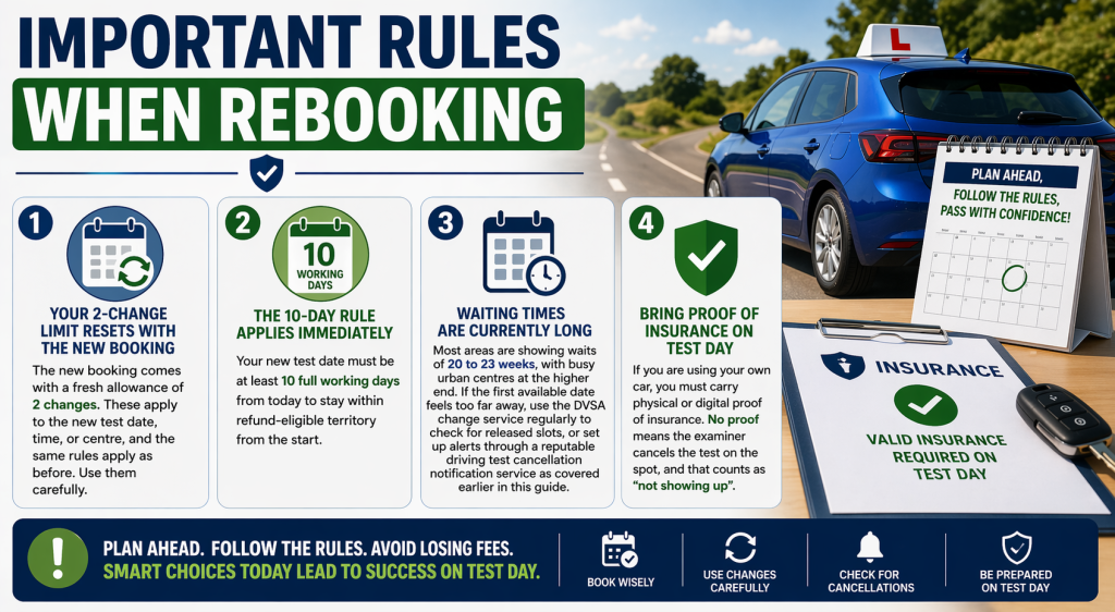 Infographic showing how to change a theory test appointment online with the three working day notice rule.