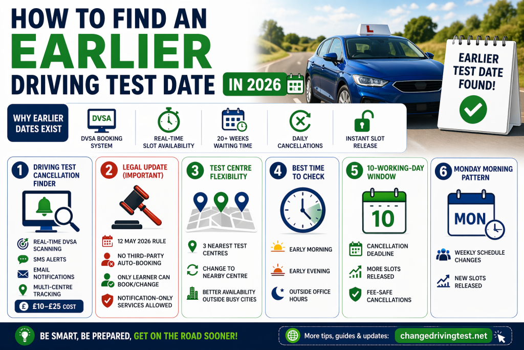 Infographic on beating long driving test waiting times with cancellation alerts and centre flexibility.
