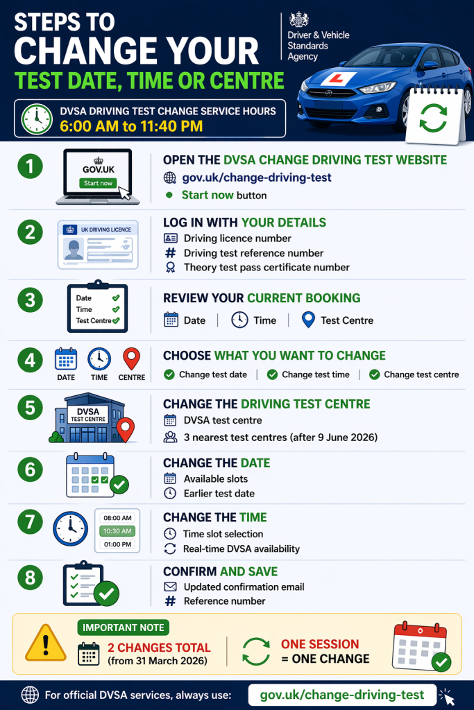 Step by step infographic showing how to change a DVSA driving test date, time or centre online.